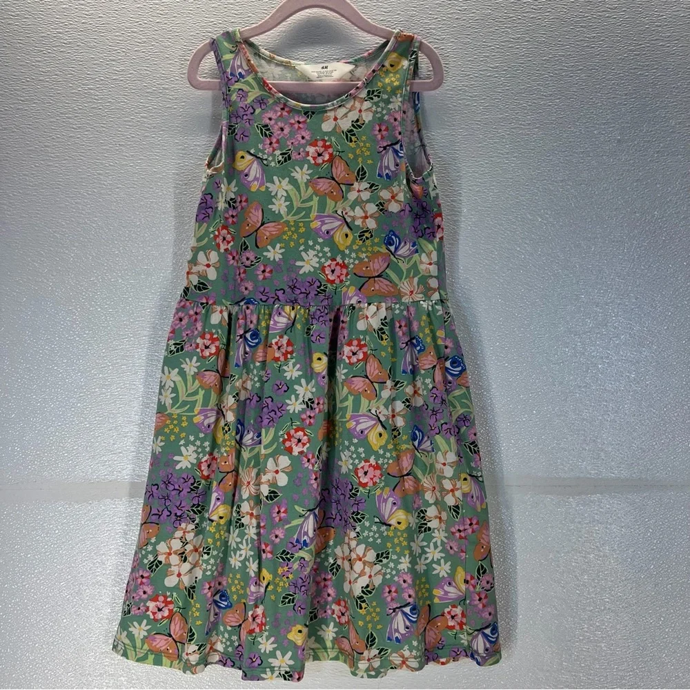 H&M Girls Floral Butterfly Print Dress Size 8-10Y Green‎ Spring Summer Cotton